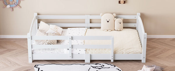 English Elm Twin Montessori Floor Bed Solid Pine Frame with Safety Guardrails for Kids Bedroom White N733P400298K