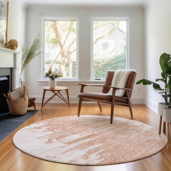 HomeRoots 8' Terra Cotta And Ivory Abstract Round Rug - Washable, UV Protected, Durable for Busy Homes 657002