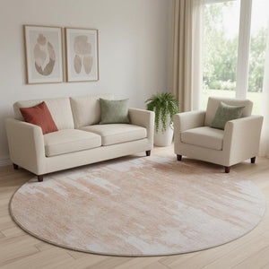 HomeRoots 8' Terra Cotta And Ivory Abstract Round Rug - Washable, UV Protected, Durable for Busy Homes 657002