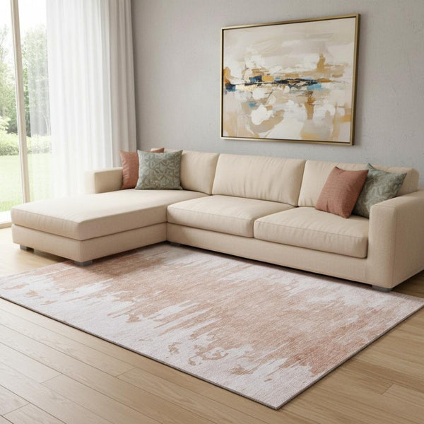 HomeRoots 9' X 12' Terra Cotta & Ivory Abstract Washable Area Rug - UV Protected, Kid & Pet Friendly Design! 657004