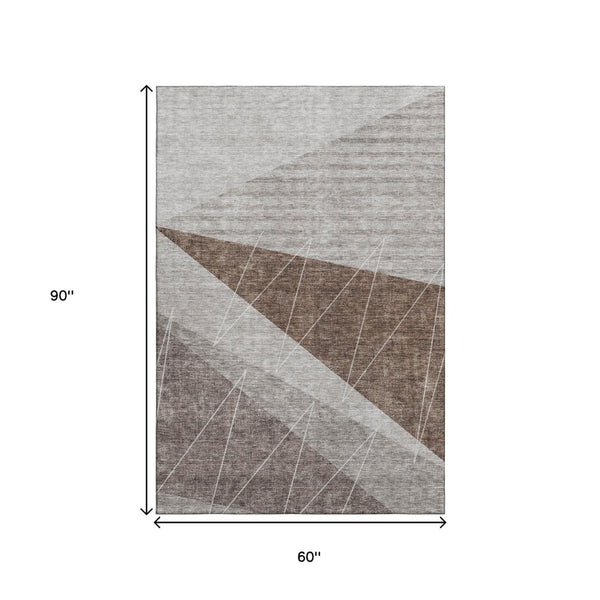 HomeRoots 5' X 8' Modern Gray Brown Ivory Geometric Washable Area Rug with UV Protection & Stain Resistance 657019