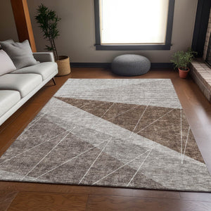 HomeRoots 5' X 8' Modern Gray Brown Ivory Geometric Washable Area Rug with UV Protection & Stain Resistance 657019