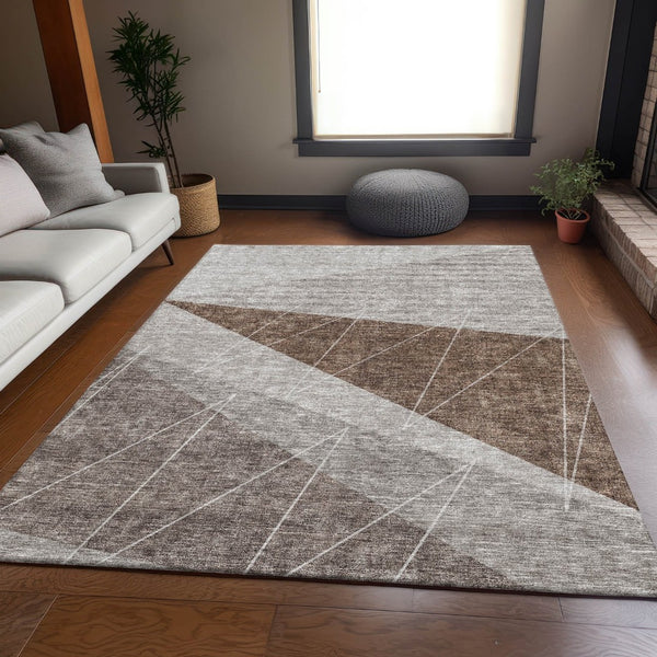 HomeRoots 5' X 8' Modern Gray Brown Ivory Geometric Washable Area Rug with UV Protection & Stain Resistance 657019