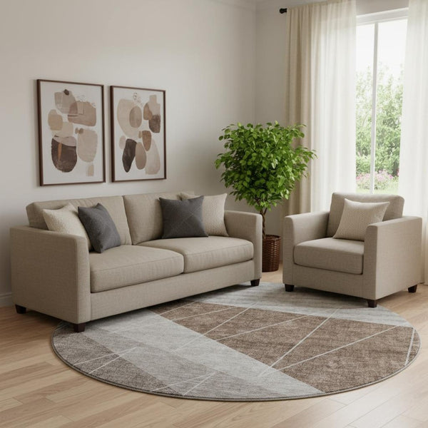 HomeRoots 8' Modern Geometric Round Rug in Gray, Brown & Ivory - Washable, UV Protected & Stain Resistant! 657020