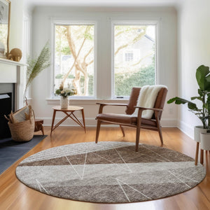 HomeRoots 8' Modern Geometric Round Rug in Gray, Brown & Ivory - Washable, UV Protected & Stain Resistant! 657020