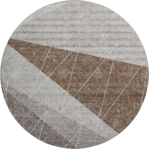 HomeRoots 8' Modern Geometric Round Rug in Gray, Brown & Ivory - Washable, UV Protected & Stain Resistant! 657020