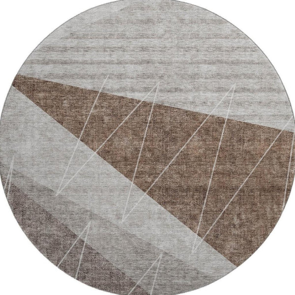 HomeRoots 8' Modern Geometric Round Rug in Gray, Brown & Ivory - Washable, UV Protected & Stain Resistant! 657020