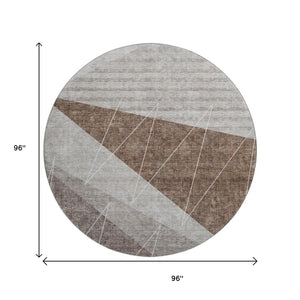 HomeRoots 8' Modern Geometric Round Rug in Gray, Brown & Ivory - Washable, UV Protected & Stain Resistant! 657020