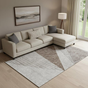 HomeRoots 9' X 12' Washable Gray Brown Ivory Geometric Area Rug with UV Protection for Modern Homes & Pets 657022