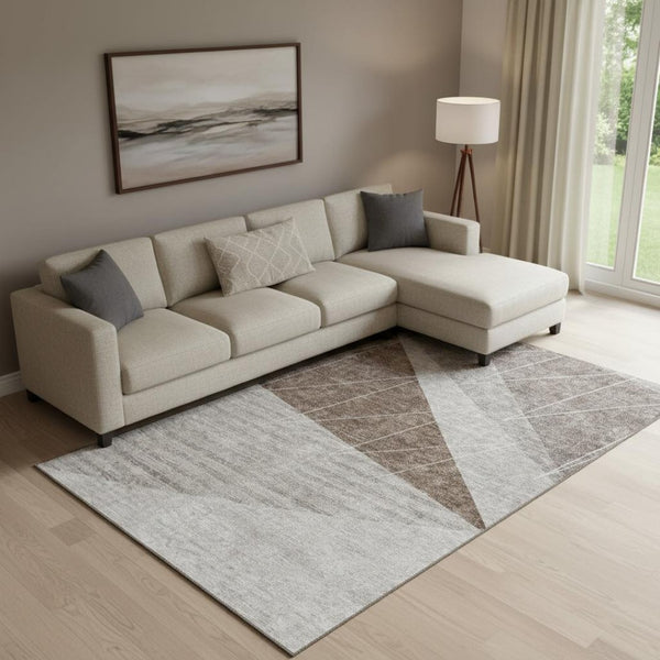 HomeRoots 9' X 12' Washable Gray Brown Ivory Geometric Area Rug with UV Protection for Modern Homes & Pets 657022
