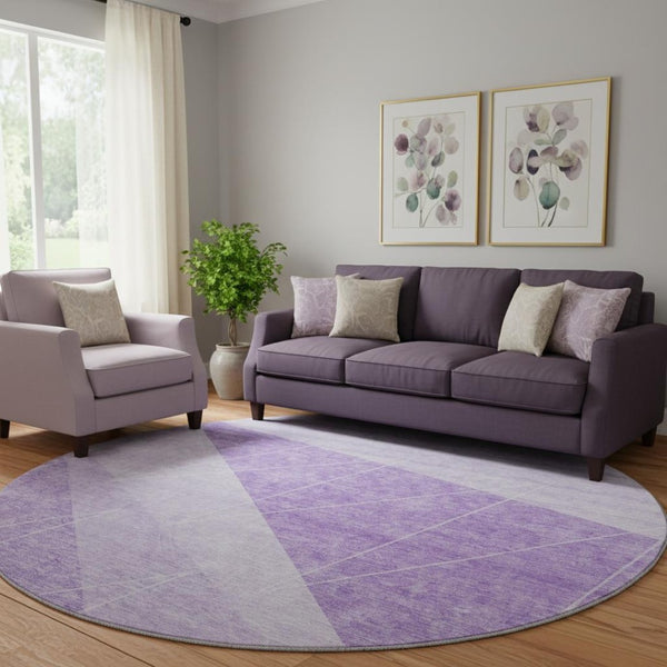 HomeRoots 8' Stylish Lavender & Ivory Round Rug - Washable, UV-Protected, Modern Geometric Design for Any Room 657026