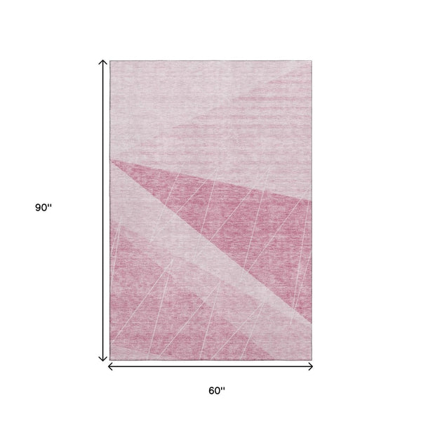HomeRoots 5' X 8' Pink And Ivory Geometric Area Rug - Durable, Washable, UV Protected, Kid & Pet Friendly Design 657031
