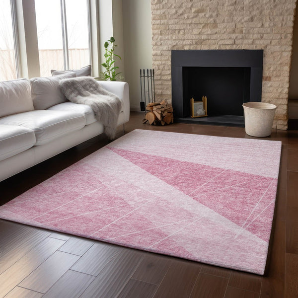 HomeRoots 5' X 8' Pink And Ivory Geometric Area Rug - Durable, Washable, UV Protected, Kid & Pet Friendly Design 657031