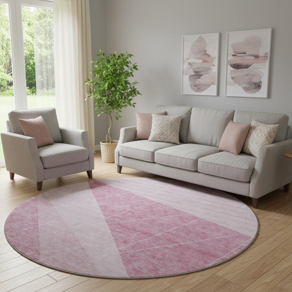 HomeRoots 8' Pink and Ivory Geometric Round Rug – Washable, Stain-Resistant, UV Protected for Modern Spaces 657032