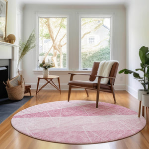 HomeRoots 8' Pink and Ivory Geometric Round Rug – Washable, Stain-Resistant, UV Protected for Modern Spaces 657032