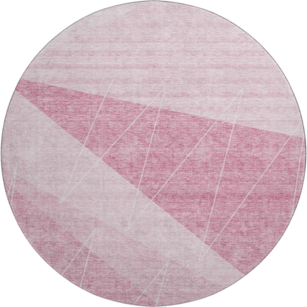 HomeRoots 8' Pink and Ivory Geometric Round Rug – Washable, Stain-Resistant, UV Protected for Modern Spaces 657032