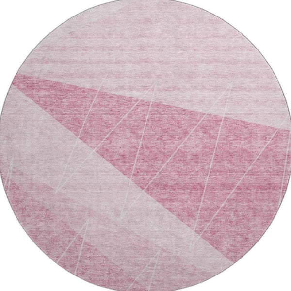 HomeRoots 8' Pink and Ivory Geometric Round Rug – Washable, Stain-Resistant, UV Protected for Modern Spaces 657032