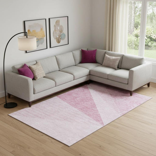 HomeRoots 9' X 12' Pink And Ivory Geometric Area Rug - Washable, UV Resistant, Stain-Proof for Modern Homes 657034