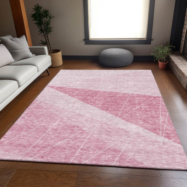 HomeRoots 9' X 12' Pink And Ivory Geometric Area Rug - Washable, UV Resistant, Stain-Proof for Modern Homes 657034