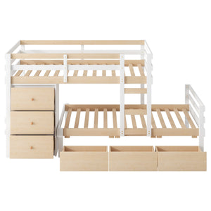 English Elm Twin Loft Bunk Bed with Built-In Drawers and Ladder, Space-Saving Twin over Twin Pine MDF Design Natural GX000424AAN