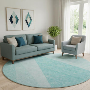 HomeRoots 8' Teal And Ivory Geometric Round Rug - Washable, UV Protected, Durable for Modern Living Spaces 657044
