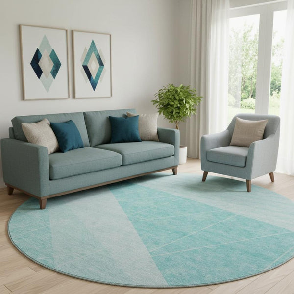 HomeRoots 8' Teal And Ivory Geometric Round Rug - Washable, UV Protected, Durable for Modern Living Spaces 657044
