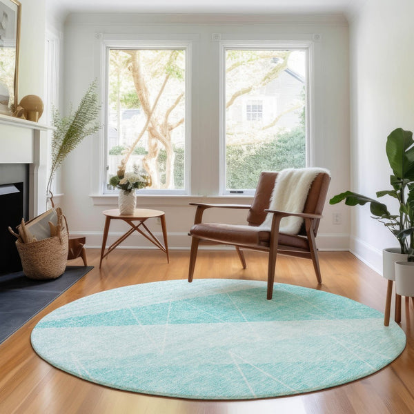 HomeRoots 8' Teal And Ivory Geometric Round Rug - Washable, UV Protected, Durable for Modern Living Spaces 657044