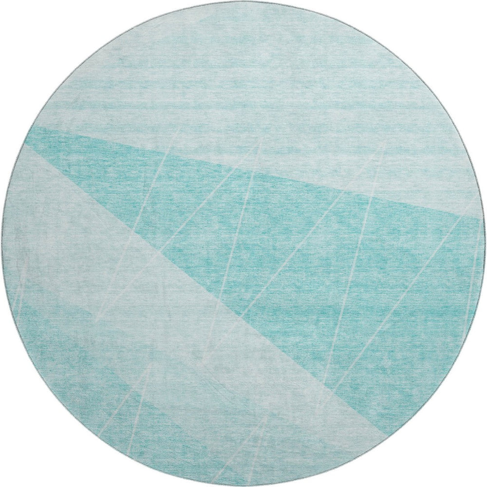 HomeRoots 8' Teal And Ivory Geometric Round Rug - Washable, UV Protected, Durable for Modern Living Spaces 657044