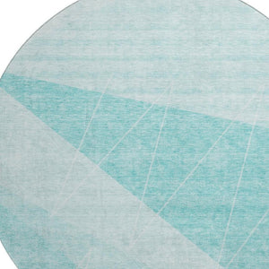 HomeRoots 8' Teal And Ivory Geometric Round Rug - Washable, UV Protected, Durable for Modern Living Spaces 657044