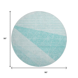 HomeRoots 8' Teal And Ivory Geometric Round Rug - Washable, UV Protected, Durable for Modern Living Spaces 657044