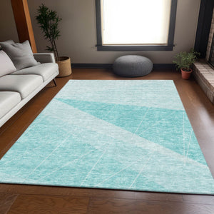 HomeRoots 8' X 10' Teal and Ivory Geometric Area Rug - Washable, UV Protected, Durable for Homes with Kids & Pets 657045