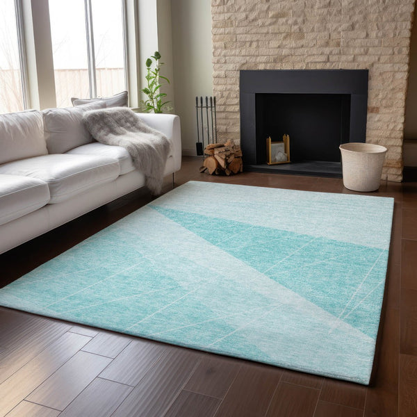 HomeRoots 8' X 10' Teal and Ivory Geometric Area Rug - Washable, UV Protected, Durable for Homes with Kids & Pets 657045