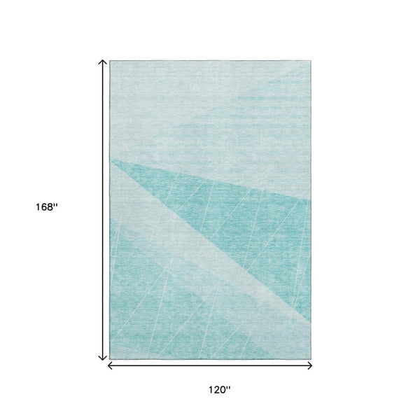 HomeRoots 10' Teal and Ivory Geometric Area Rug – Washable, UV-Protected, Durable Design for Busy Homes! 657047