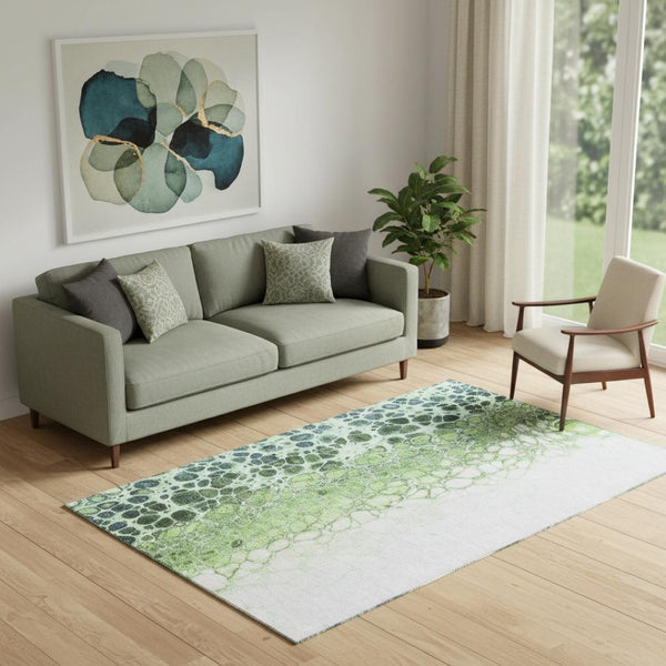 HomeRoots 5' X 8' Artichoke Green, Blue & Ivory Abstract Washable Area Rug with UV Protection & Style 657055
