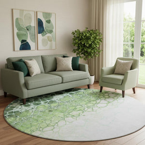 HomeRoots 8' Artichoke Green Blue Ivory Washable Round Rug - Stylish, Durable, UV-Protected for Modern Spaces 657056
