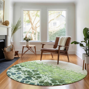 HomeRoots 8' Artichoke Green Blue Ivory Washable Round Rug - Stylish, Durable, UV-Protected for Modern Spaces 657056