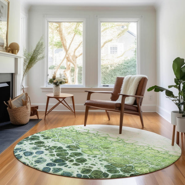 HomeRoots 8' Artichoke Green Blue Ivory Washable Round Rug - Stylish, Durable, UV-Protected for Modern Spaces 657056