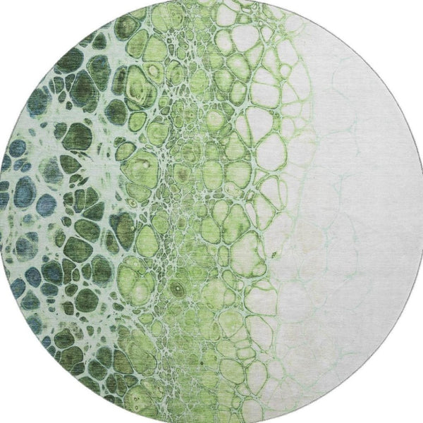 HomeRoots 8' Artichoke Green Blue Ivory Washable Round Rug - Stylish, Durable, UV-Protected for Modern Spaces 657056