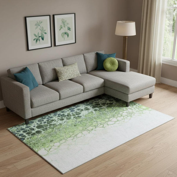 HomeRoots 10' X 14' Artichoke Green, Blue & Ivory Abstract Area Rug - Washable, UV-Protected & Durable Design 657059