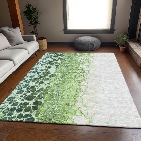 HomeRoots 10' X 14' Artichoke Green, Blue & Ivory Abstract Area Rug - Washable, UV-Protected & Durable Design 657059