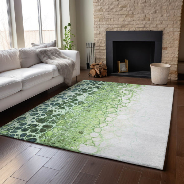 HomeRoots 10' X 14' Artichoke Green, Blue & Ivory Abstract Area Rug - Washable, UV-Protected & Durable Design 657059