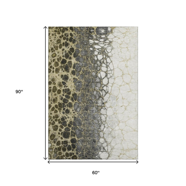 HomeRoots 5' X 8' Abstract Washable Area Rug in Beige, Gray & Ivory - UV Protection for Modern Living Spaces 657061
