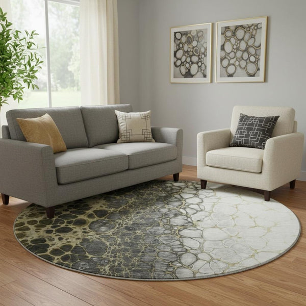 HomeRoots 8' Beige Gray Ivory Abstract Washable Round Rug – Durable, Stain-Resistant, UV Protected Design 657062