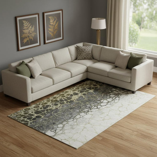 HomeRoots 9' X 12' Abstract Washable Area Rug in Beige, Gray & Ivory - UV Protected, Stain Resistant & Stylish 657064