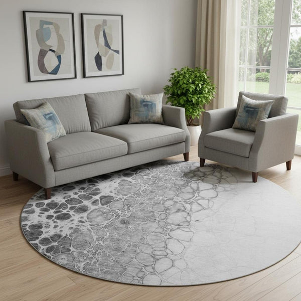 HomeRoots 8' Gray And Silver Abstract Round Rug - Washable, UV-Protected, Soft, and Easy-Care for Busy Homes 657068