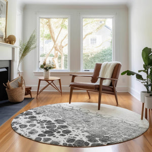 HomeRoots 8' Gray And Silver Abstract Round Rug - Washable, UV-Protected, Soft, and Easy-Care for Busy Homes 657068