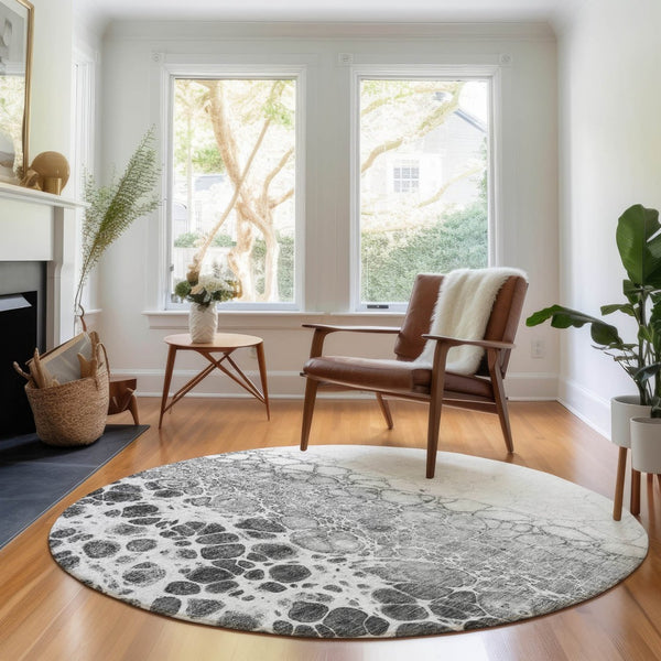 HomeRoots 8' Gray And Silver Abstract Round Rug - Washable, UV-Protected, Soft, and Easy-Care for Busy Homes 657068