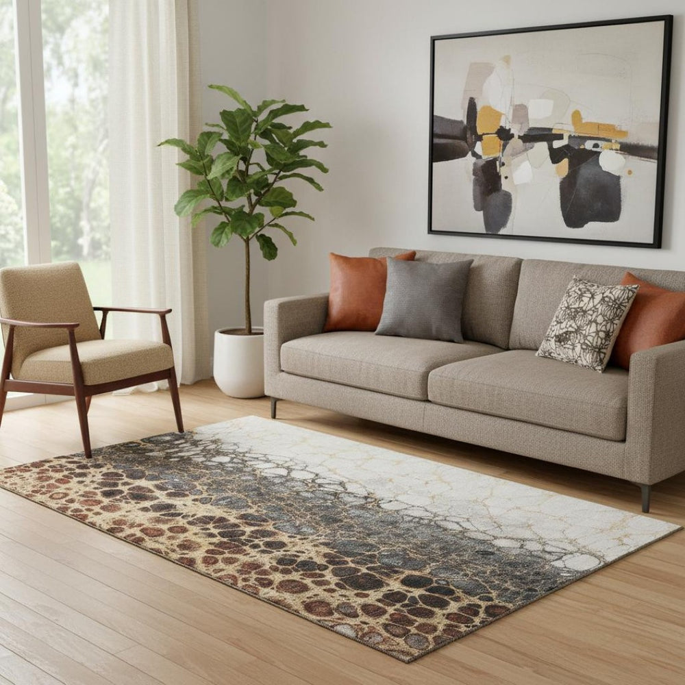 HomeRoots 5' X 8' Ivory Gray Gold Abstract Area Rug – Washable, UV Protected, Stylish & Durable for Any Space 657073