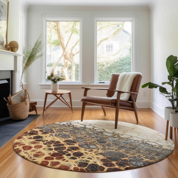 HomeRoots 8' Abstract Ivory Gray Gold Washable Round Rug - Durable, Stain-Resistant, UV Protected Design 657074