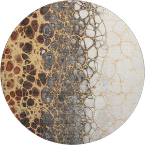 HomeRoots 8' Abstract Ivory Gray Gold Washable Round Rug - Durable, Stain-Resistant, UV Protected Design 657074